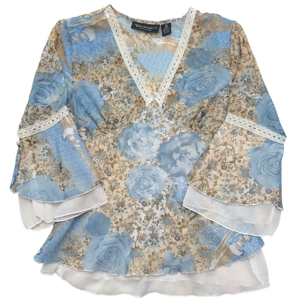 Vintage Y2K Womens Large Sheer Whimsy Floral Print Chiffon Lace Top Shirt